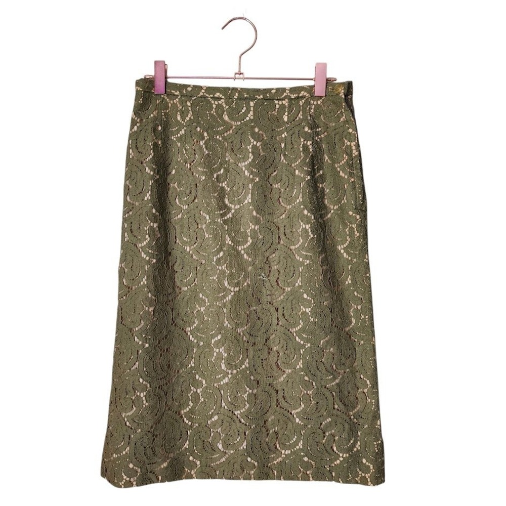 VINTAGE 1960s Olive Green Lace Overlay A-Line Midi Skirt Cottagecore whimsigoth